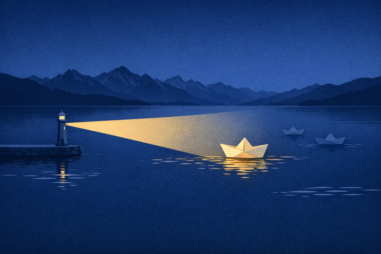 Illustration : de nuit, sur un lac au pied des Alpes, le faisceau doré d'un phare, comme la recherche d'un recruteur, trouve un bateau plié dans un CV ; deux autres sont encore dans l'ombre.