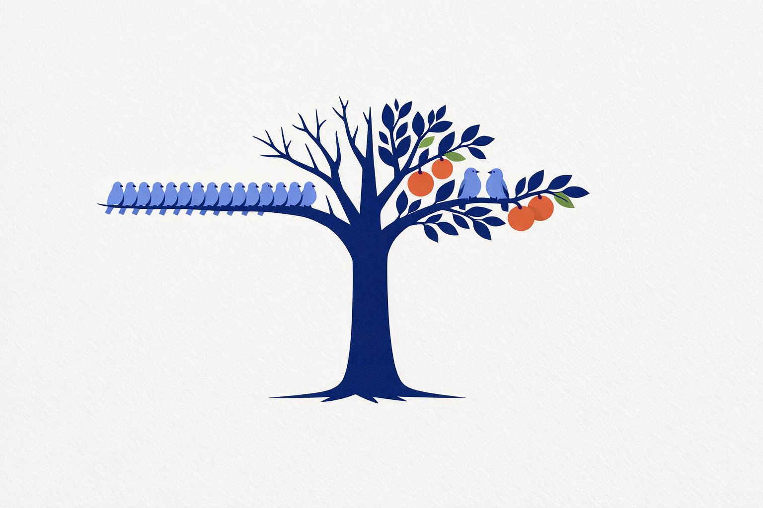 Illustration : un même arbre aux deux côtés opposés ; à gauche, une longue rangée d'oiseaux serrés sur une branche nue, à droite, deux oiseaux seulement parmi les feuilles et quatre fruits orangés.