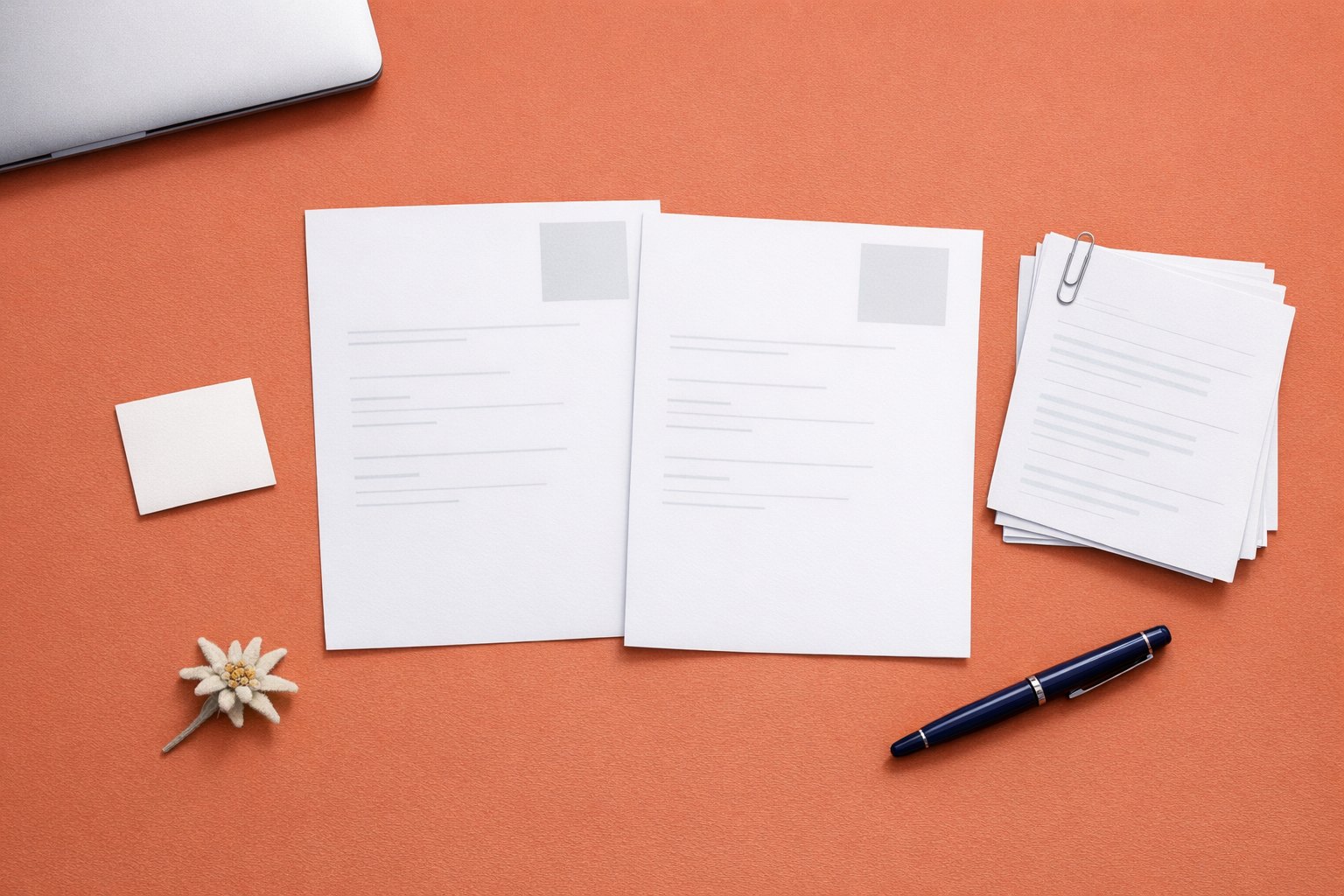 Illustration: seen from above on a terracotta ground, two white CV pages with a grey photo box, a paper-clipped stack of copies, a blank card, a dried edelweiss, a fountain pen and a closed laptop.